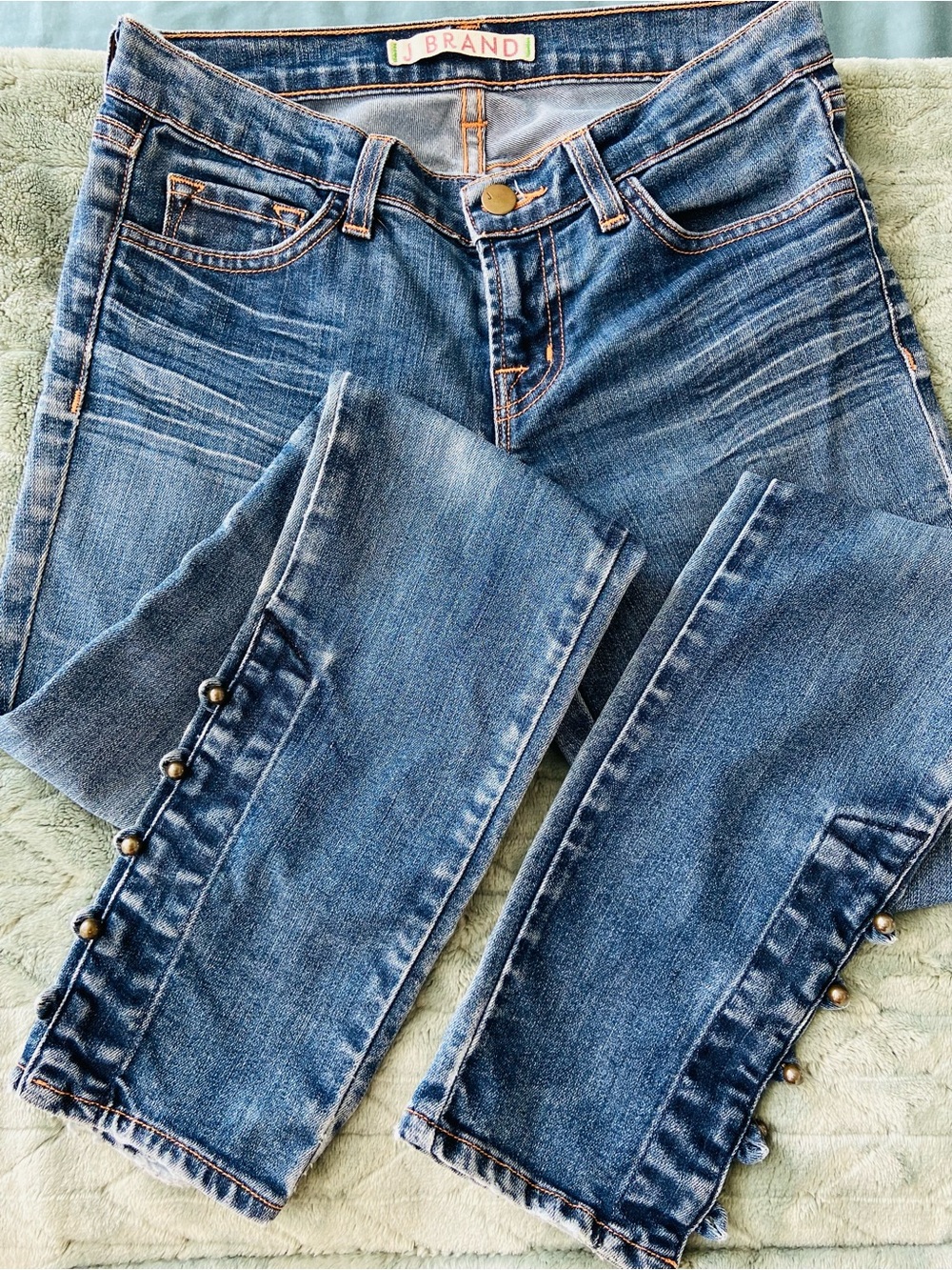 J Brand Straight-Leg Jeans with Side Button Accents — Medium Blue Wash